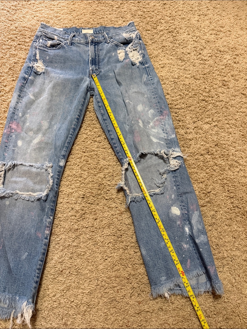 MOTHER Blue Straight-Leg Distressed Jeans with Paint Accents - Picture 5 of 6